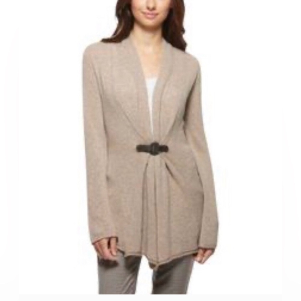Anthropologie BIBELOT Open Buckle Cardigan Tan Sweater Long Sleeve Raw Hem Sz S